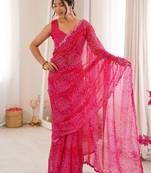 Heavy georgette bandhani print saree with mirror work & cutwork border