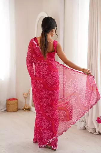  georgette bandhani print saree with mirror work & cutwork border