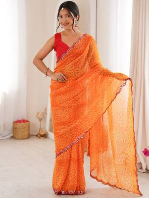  georgette bandhani print saree with mirror work & cutwork border 1