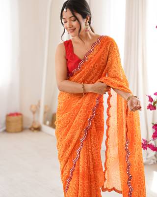  georgette bandhani print saree with mirror work & cutwork border 2