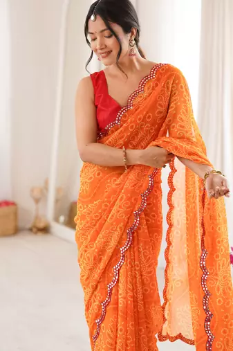  georgette bandhani print saree with mirror work & cutwork border