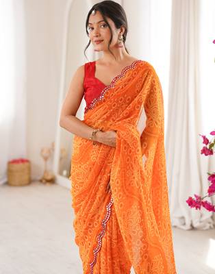  georgette bandhani print saree with mirror work & cutwork border 4