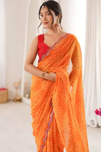  georgette bandhani print saree with mirror work & cutwork border