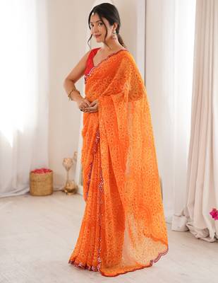  georgette bandhani print saree with mirror work & cutwork border 5