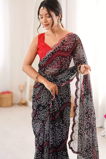 Heavy georgette bandhani print saree with mirror work & cutwork border