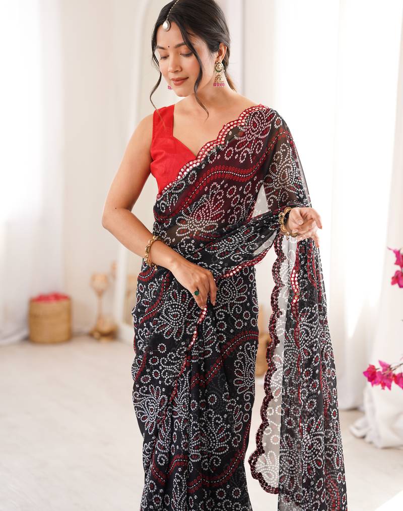 Heavy georgette bandhani print saree with mirror work & cutwork border