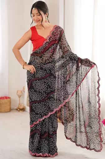  georgette bandhani print saree with mirror work & cutwork border