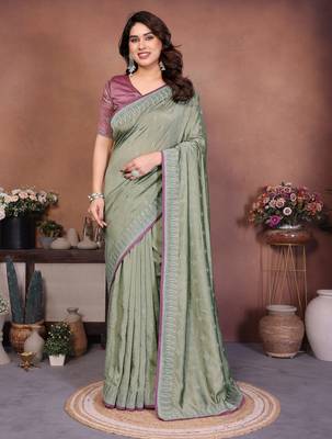 Olive vichitra silk embroidery work saree with contrast blouse piece 1