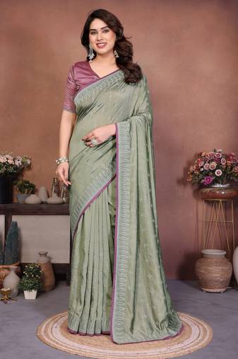 Olive vichitra silk embroidery work saree with contrast blouse piece