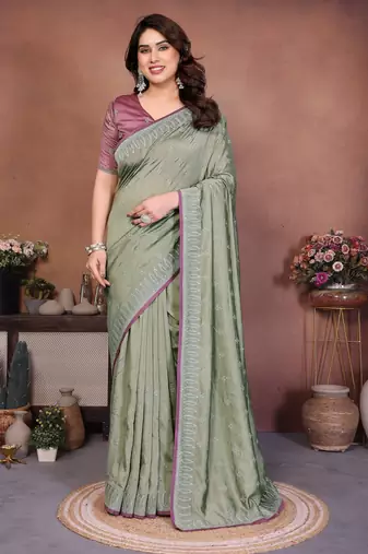 Olive vichitra silk embroidery work saree with contrast blouse piece