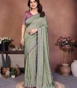 Olive vichitra silk embroidery work saree with contrast blouse piece