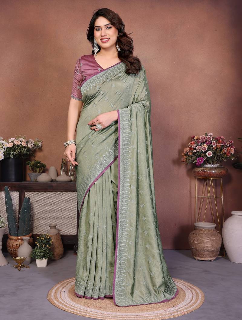 Olive vichitra silk embroidery work saree with contrast blouse piece