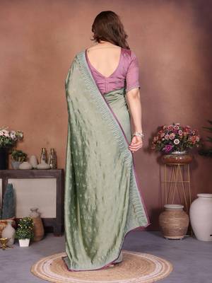 Olive vichitra silk embroidery work saree with contrast blouse piece 2