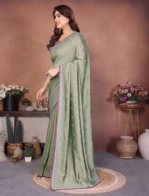 Olive vichitra silk embroidery work saree with contrast blouse piece 3