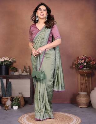 Olive vichitra silk embroidery work saree with contrast blouse piece 4