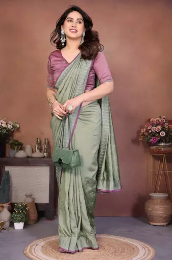 Olive vichitra silk embroidery work saree with contrast blouse piece