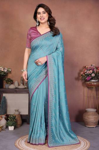 Blue vichitra silk embroidery work saree with contrast blouse piece