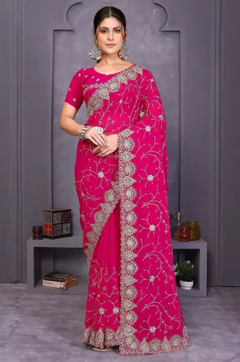 Pink georgette embroidery work saree with matching blouse piece