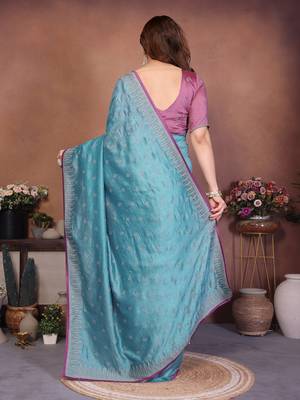 Blue vichitra silk embroidery work saree with contrast blouse piece 2
