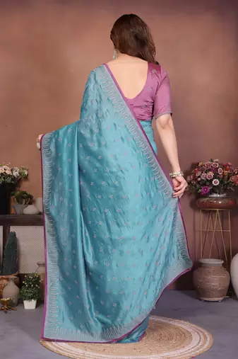Blue vichitra silk embroidery work saree with contrast blouse piece