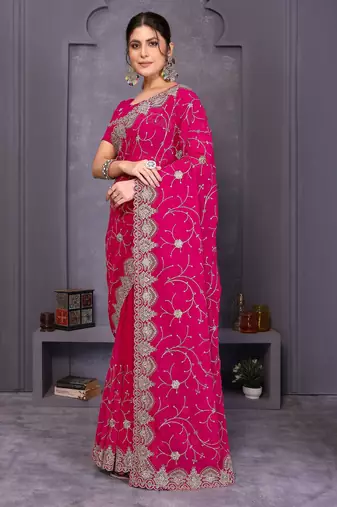 Pink georgette embroidery work saree with matching blouse piece
