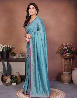 Blue vichitra silk embroidery work saree with contrast blouse piece 3