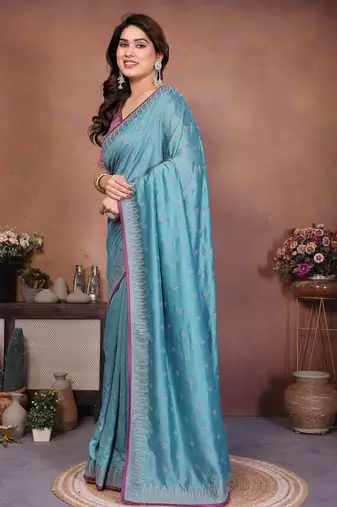 Blue vichitra silk embroidery work saree with contrast blouse piece