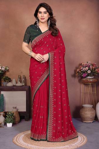 Red vichitra silk embroidery work saree with contrast blouse piece