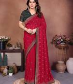 Red vichitra silk embroidery work saree with contrast blouse piece