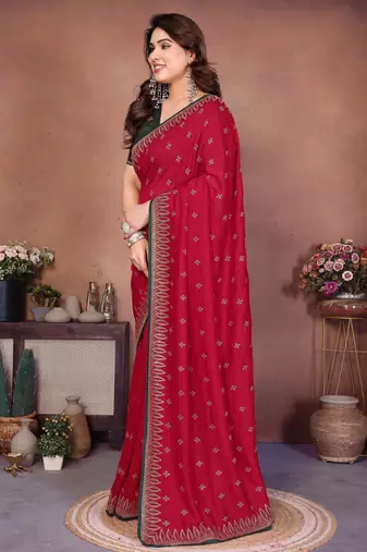 Red vichitra silk embroidery work saree with contrast blouse piece