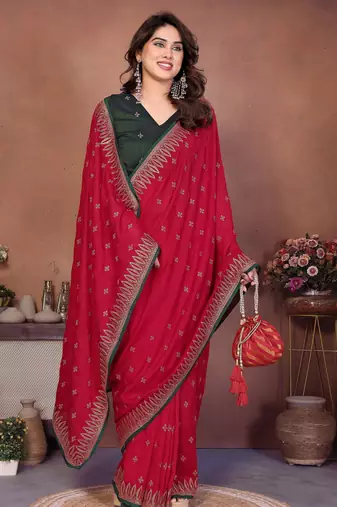 Red vichitra silk embroidery work saree with contrast blouse piece