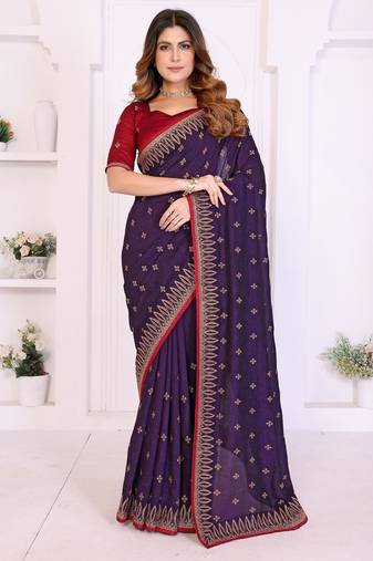 Purple vichitra silk embroidery work saree with contrast blouse piece