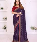 Purple vichitra silk embroidery work saree with contrast blouse piece