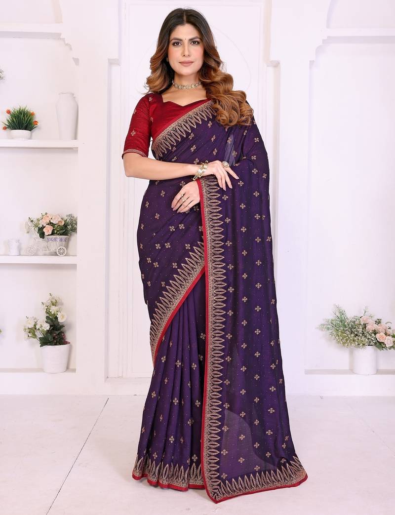 Purple vichitra silk embroidery work saree with contrast blouse piece