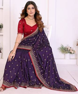 Purple vichitra silk embroidery work saree with contrast blouse piece 4
