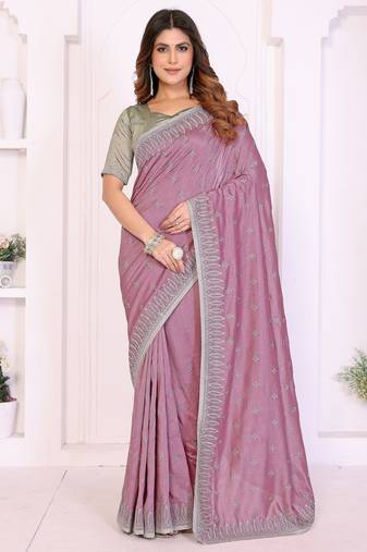 Pink vichitra silk embroidery work saree with contrast blouse piece