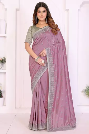 Pink vichitra silk embroidery work saree with contrast blouse piece