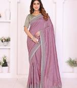 Pink vichitra silk embroidery work saree with contrast blouse piece