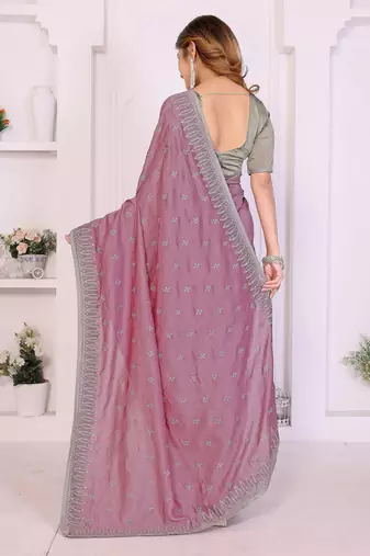 Pink vichitra silk embroidery work saree with contrast blouse piece