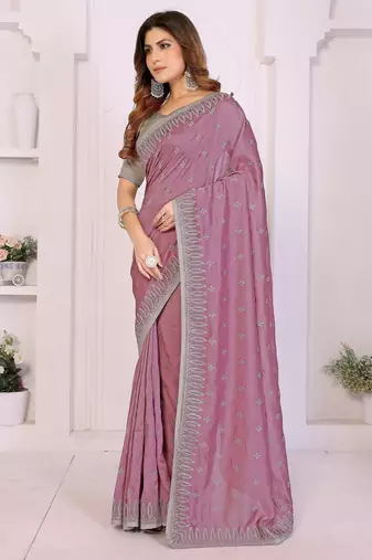 Pink vichitra silk embroidery work saree with contrast blouse piece