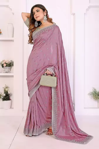 Pink vichitra silk embroidery work saree with contrast blouse piece