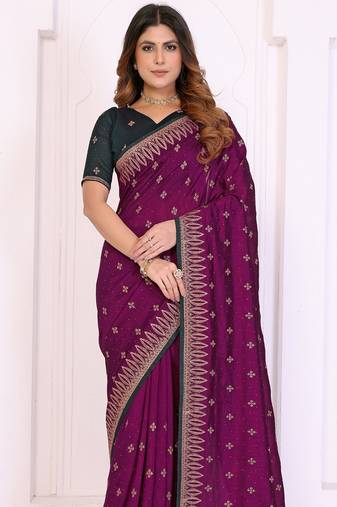 Burgundy vichitra silk embroidery work saree with contrast blouse piece