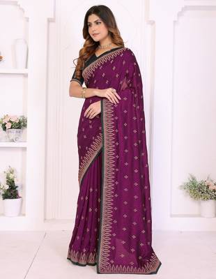 Burgundy vichitra silk embroidery work saree with contrast blouse piece 3