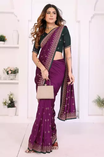 Burgundy vichitra silk embroidery work saree with contrast blouse piece
