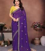 Purple crunchy silk embroidery work saree with contrast blouse piece