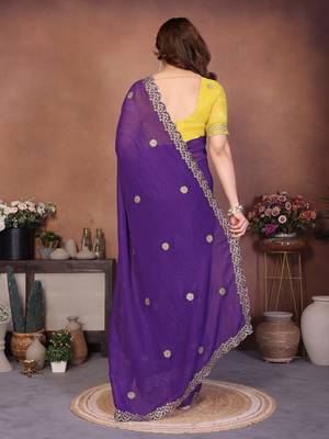 Purple crunchy silk embroidery work saree with contrast blouse piece 2