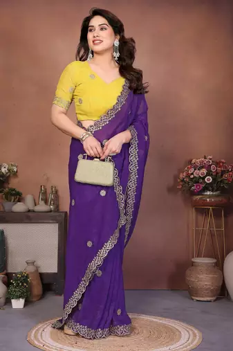 Purple crunchy silk embroidery work saree with contrast blouse piece