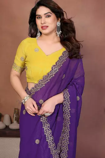 Purple crunchy silk embroidery work saree with contrast blouse piece