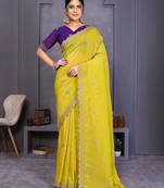 Yellow crunchy silk embroidery work saree with contrast blouse piece