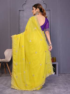 Yellow crunchy silk embroidery work saree with contrast blouse piece 2